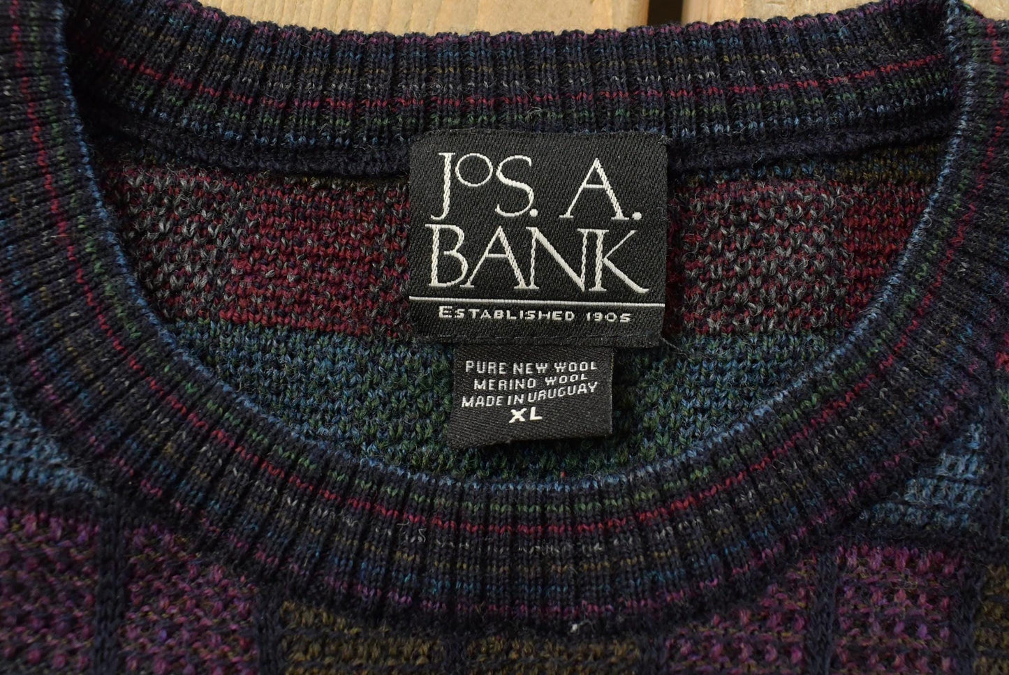 Vintage Jos A Bank Merino Wool Sweater: Geometric Pattern, Crewneck Knit