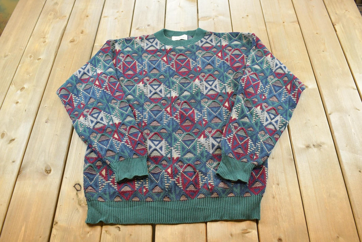 Vintage 1990s Bill Blass Textured 3D Cotton Knit Crewneck Sweater Men's L / 90s Abstract Pattern Knitted Sweatshirt / Made in USA