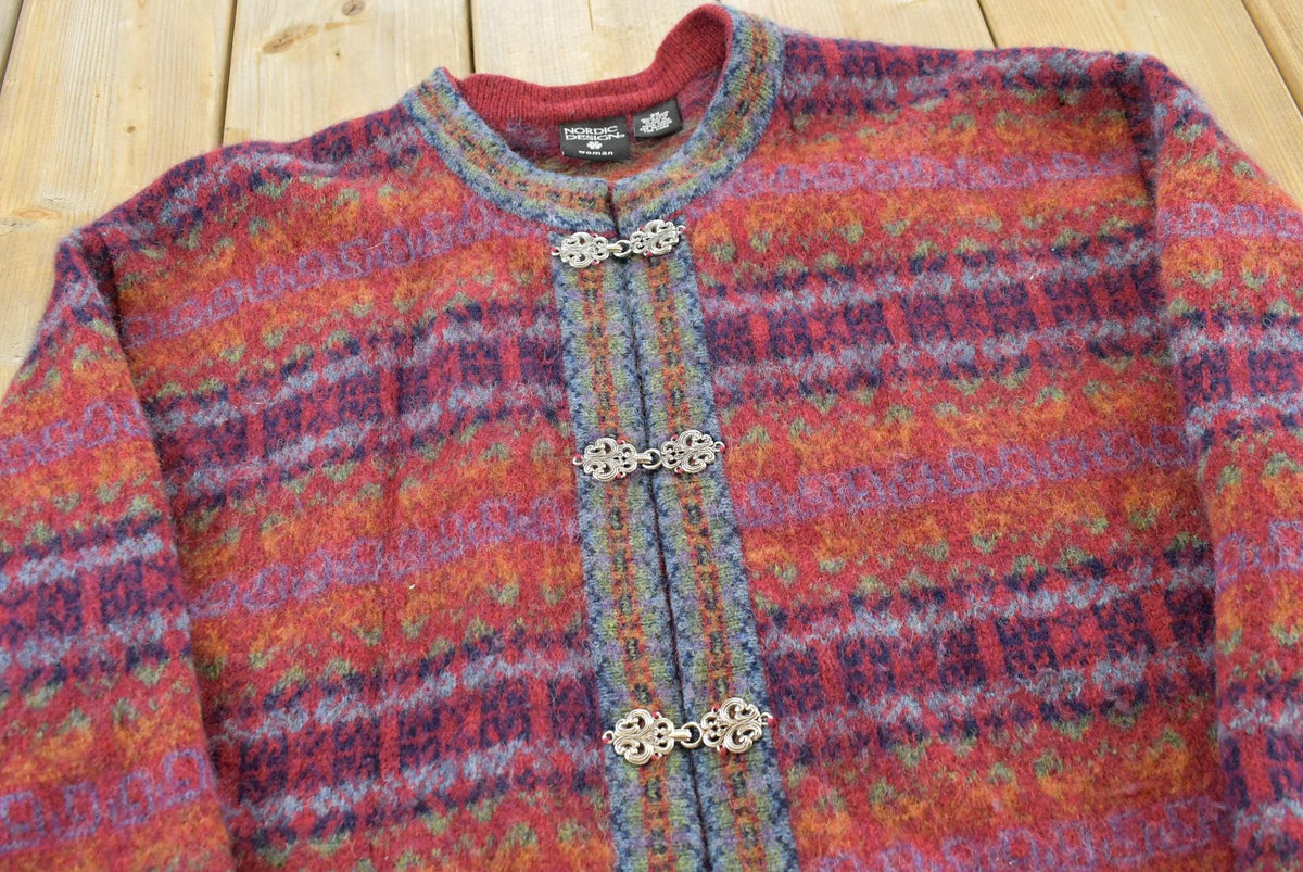 Vintage 1980s Nordic Design Striped Wool Knit Button Up Cardigan Sweater Women's 2XL