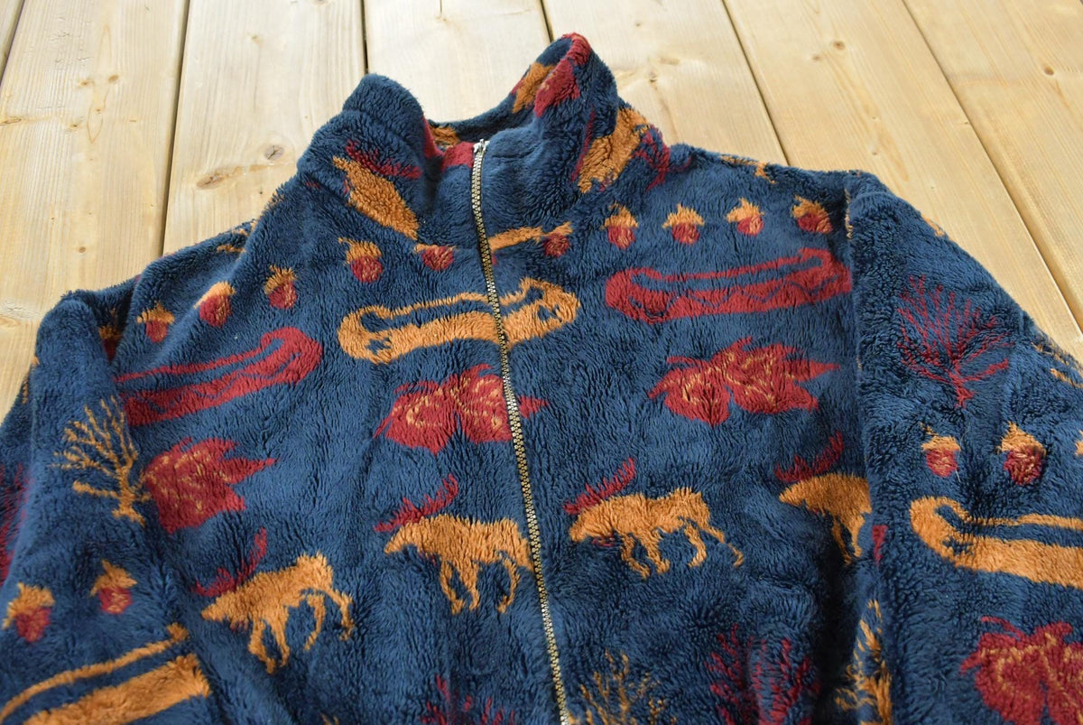 Vintage 1990s Denali Moose Nature Pattern Full Zip Fleece Sweater Jacket Women's Large