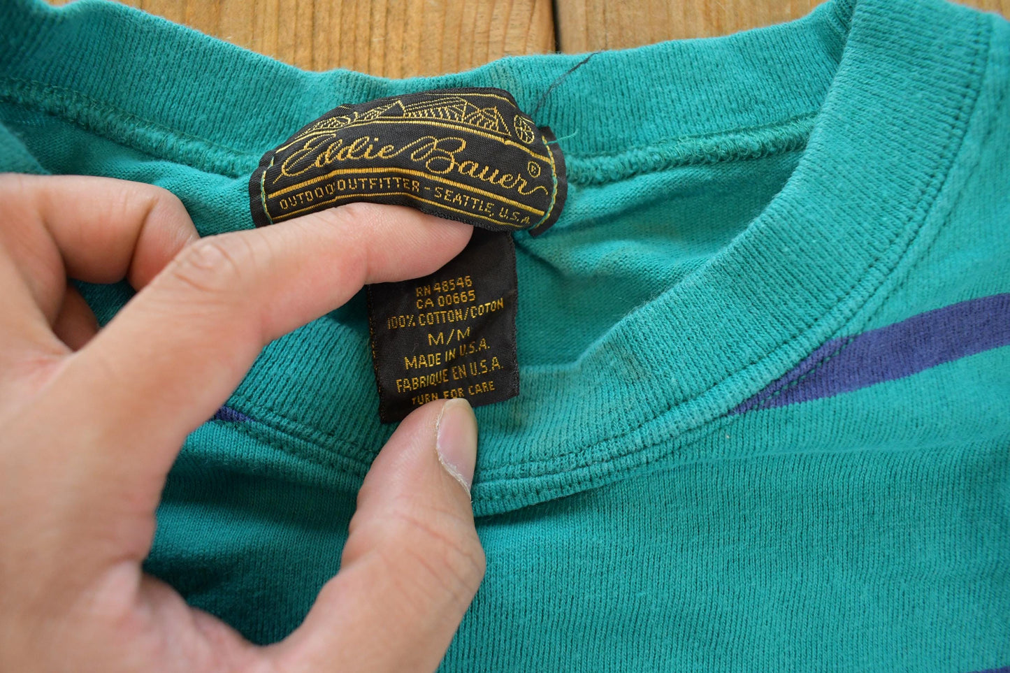 Vintage 1990s Eddie Bauer Teal Striped Crewneck Sweatshirt Men's L