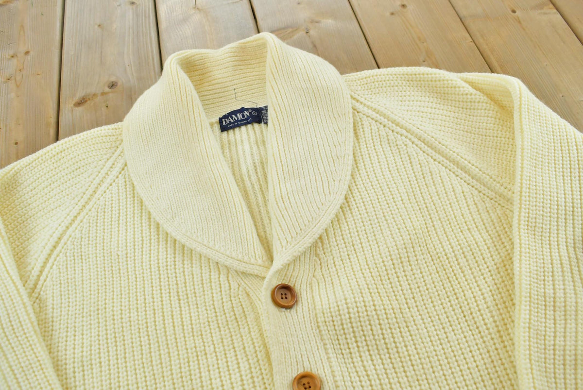 Vintage 1980s Damon Shawl Collar Acrylic Knit Button Up Cardigan Sweater Men's L