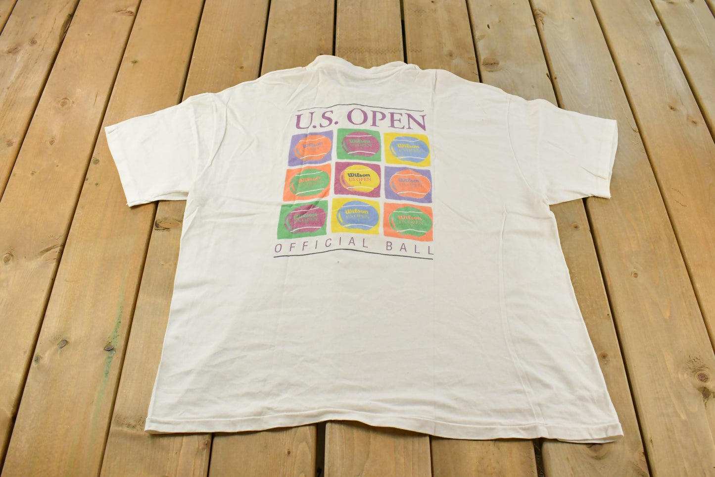 Vintage 1990 U.S. Open Tennis Graphic T-Shirt Mens XL / Wilson Official Ball Promo / 90s Flags Tennis Court / Single Stitch / Made In USA