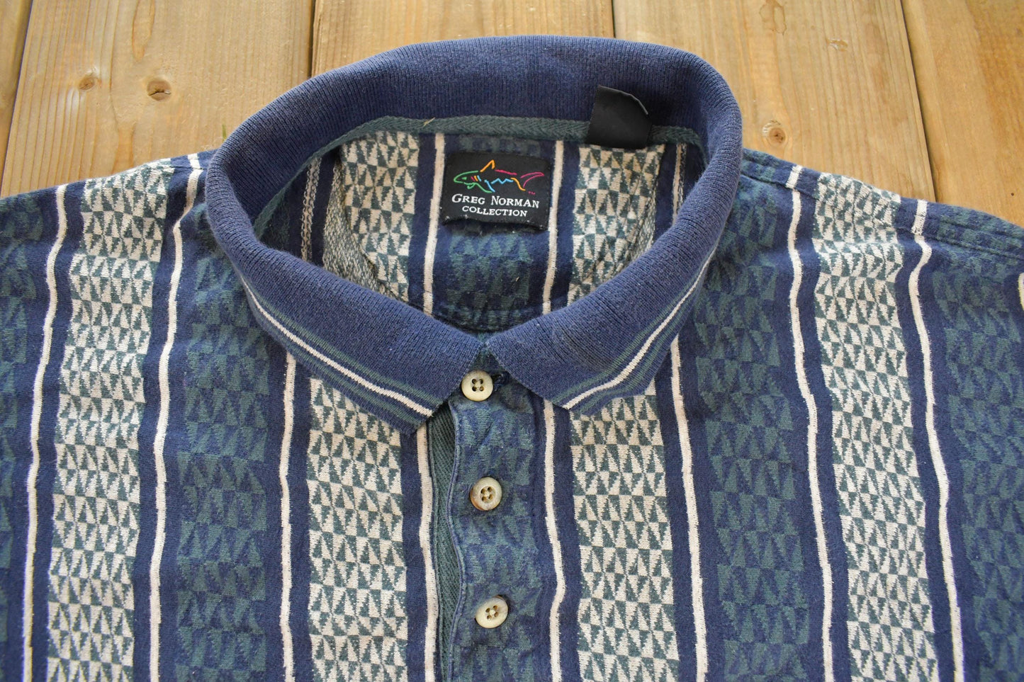 Vintage 1990s Greg Norman Striped Shark Embroidered Striped Long Sleeve Polo Shirt Men's XL