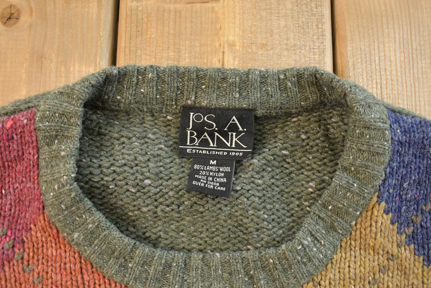 Vintage 1990s Jos. A Bank Argyle Wool Knit Crewneck Sweater Men's M