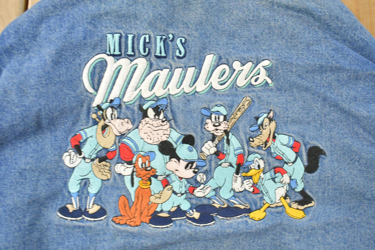 Vintage 1990s Disney Mickey Mouse Mick's Maulers Baseball Embroidered Jean Jacket Youth Small