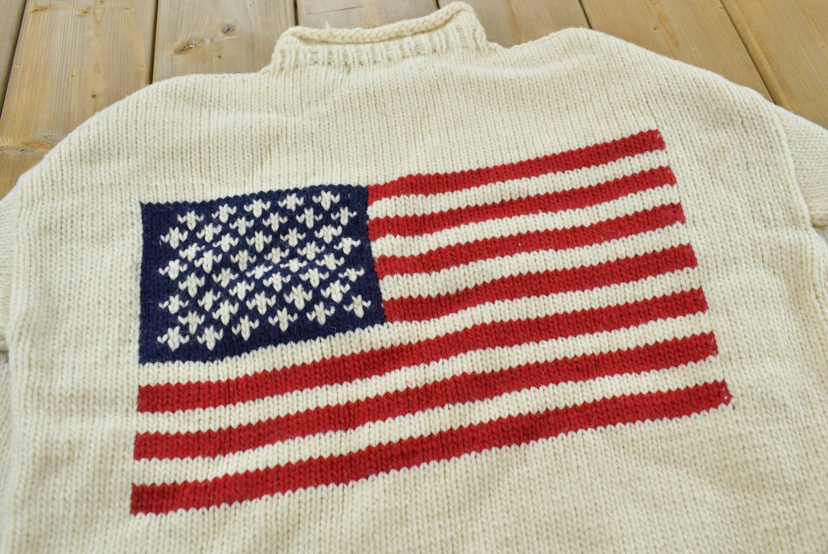 Vintage 1980s Hand Knit USA American Flag Wool Knit Sweater Men's L
