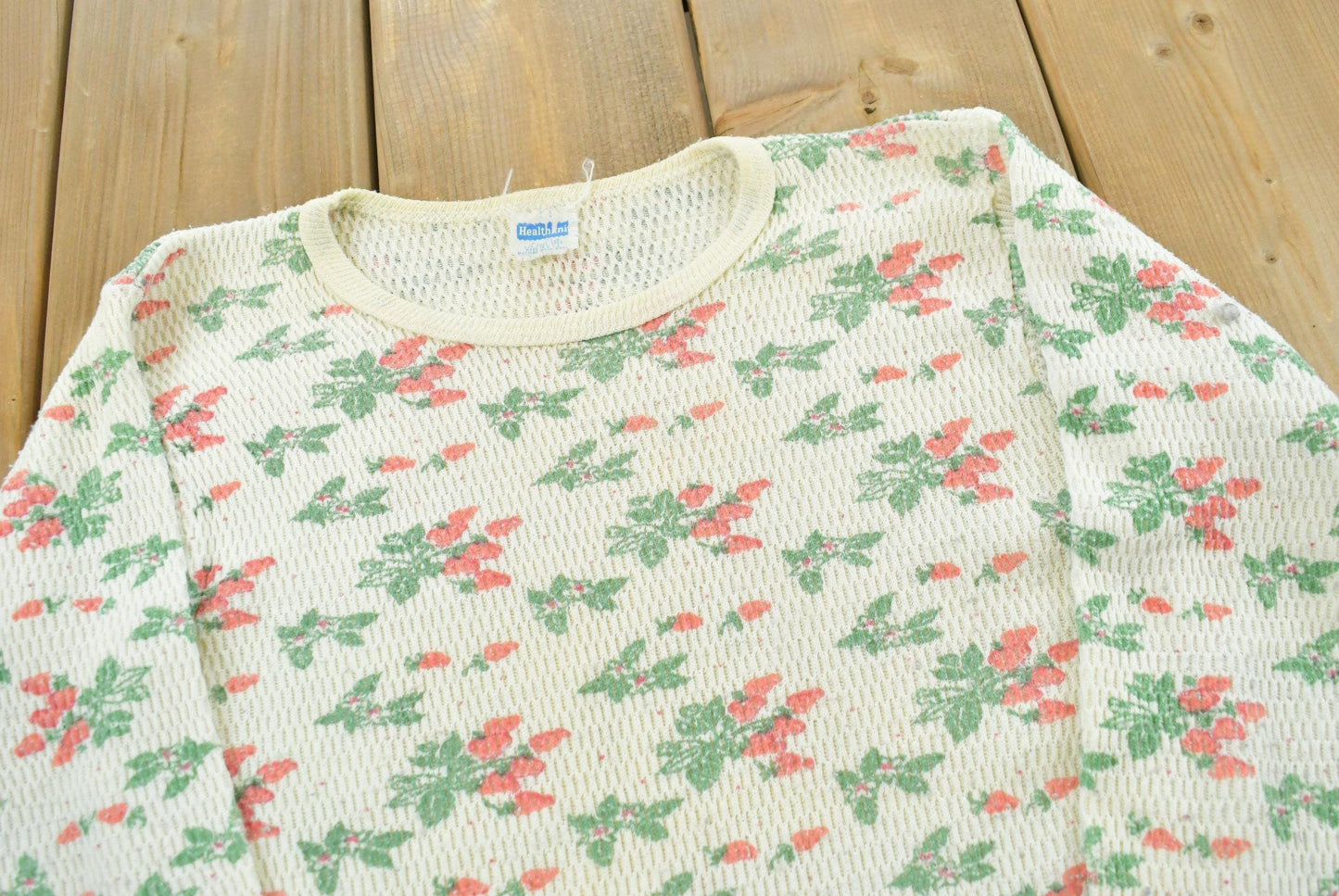 Vintage 1980s Healthknit Thermal Waffle Knit Strawberry Pattern Long Sleeve Mens S