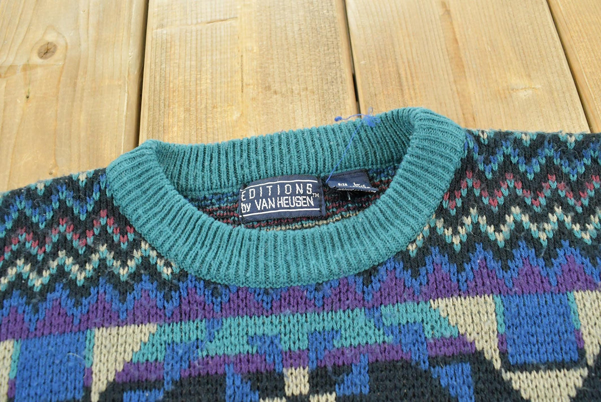 Vintage 1990s Van Heusen Acrylic Knit Striped Crewneck Sweater Men's M