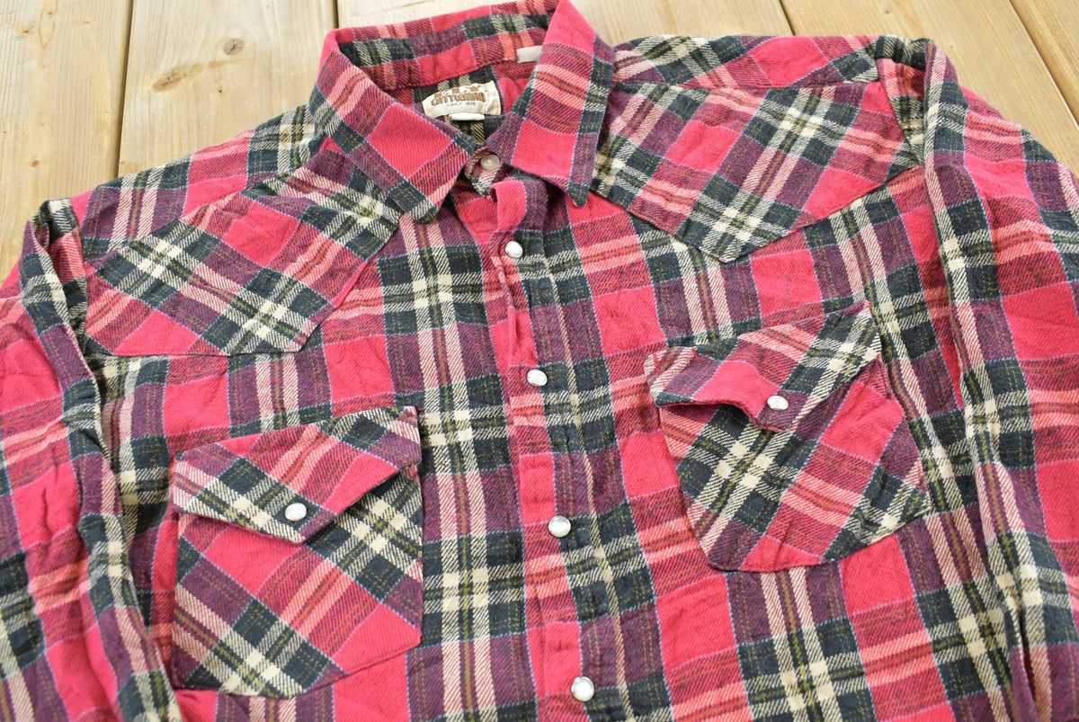 Vintage 1990s Ely Cattleman Plaid Flannel Snaps Button Up Shirt Men's L