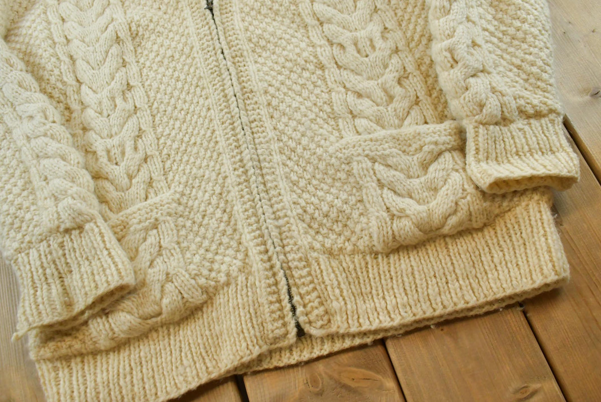 Vintage 1990s Great Northern Woolens 3D Cable Knit Hand Made Zip Up Fleece Lined Hoodie Sweatshirt Men's L
