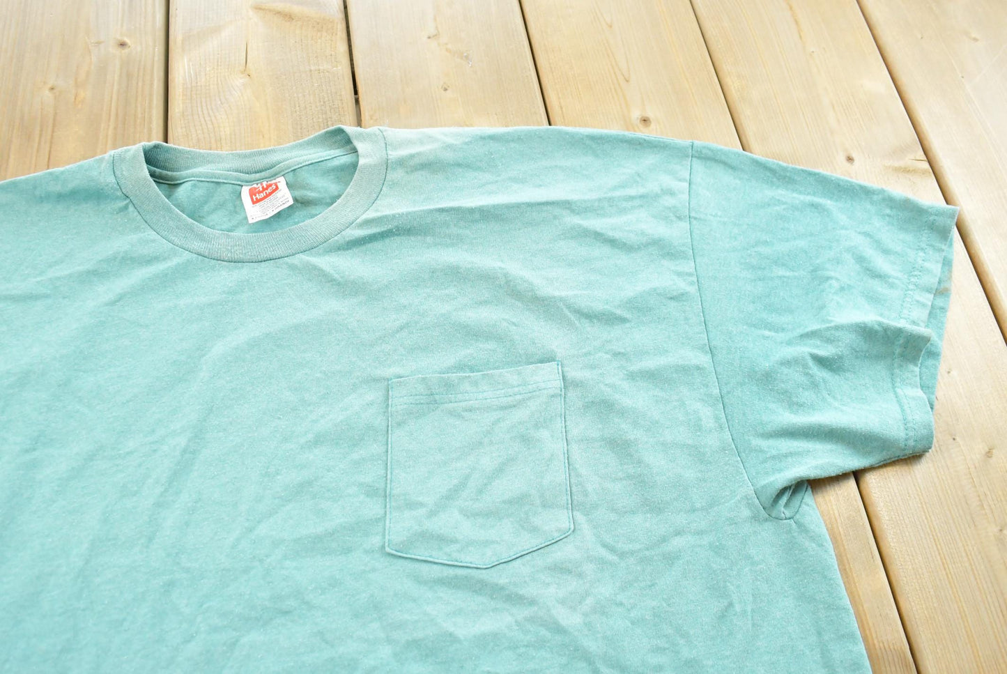 Vintage 1990s Hanes Blank Teal Pocket T-Shirt Men's 2XL