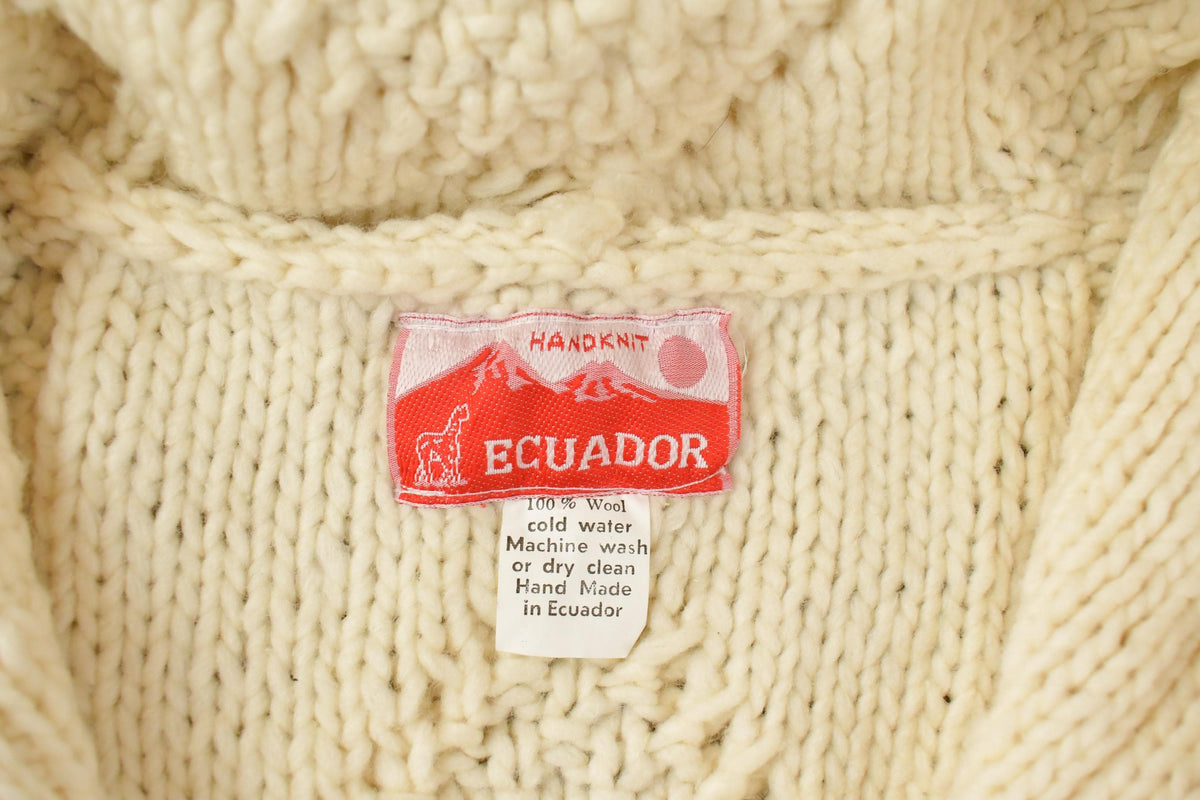 Vintage 1980s Handknit Ecuador Wool Full Zip Hoodie Sweater Men's Large