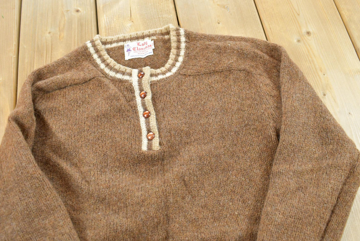 True Vintage 1960s Lady Clansmen Scottish Shetland Wool Knit Henley Collar Sweater Women's XXS