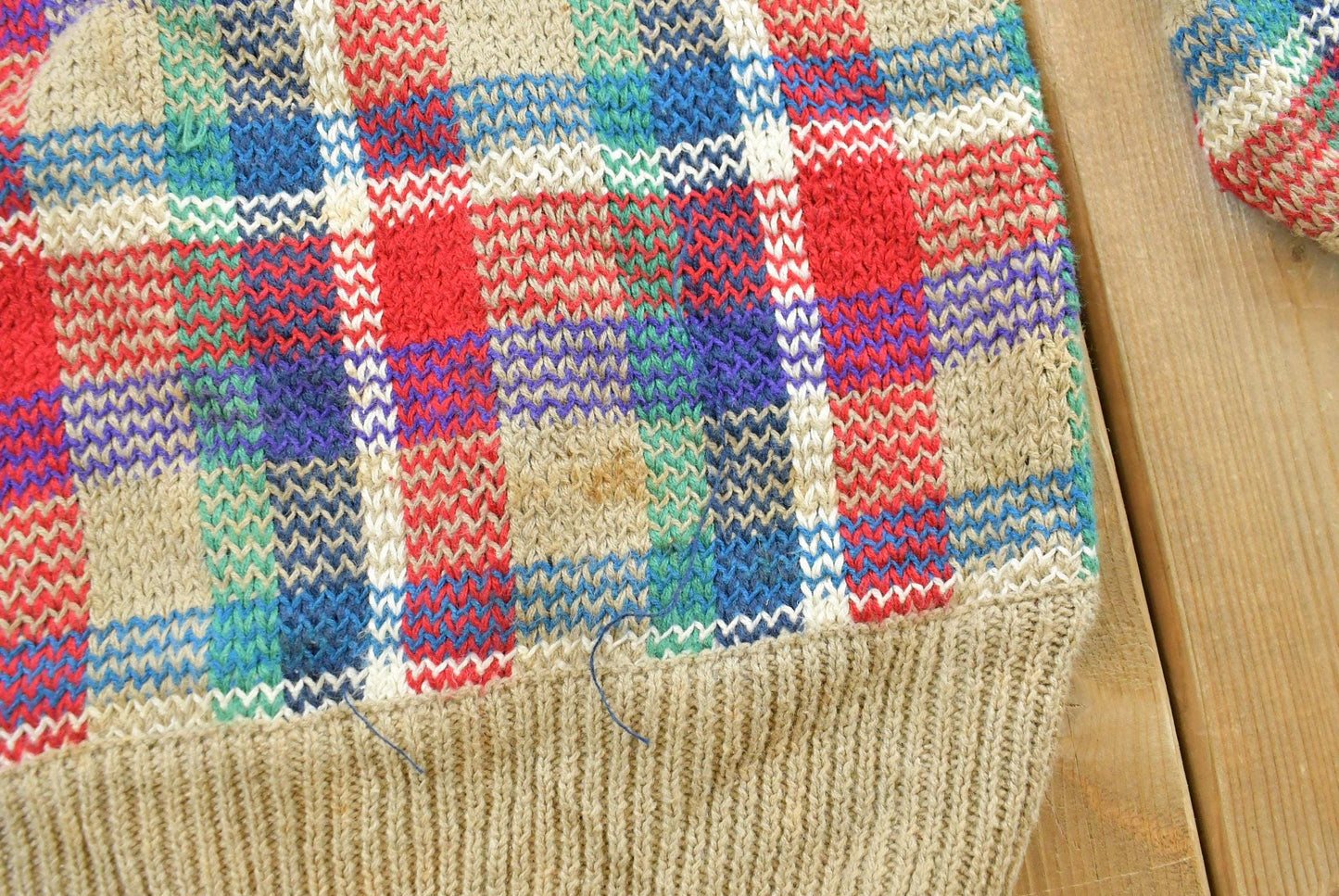 Vintage 1980s Crazy Horse Knit Plaid Crewneck Sweater Men's XS