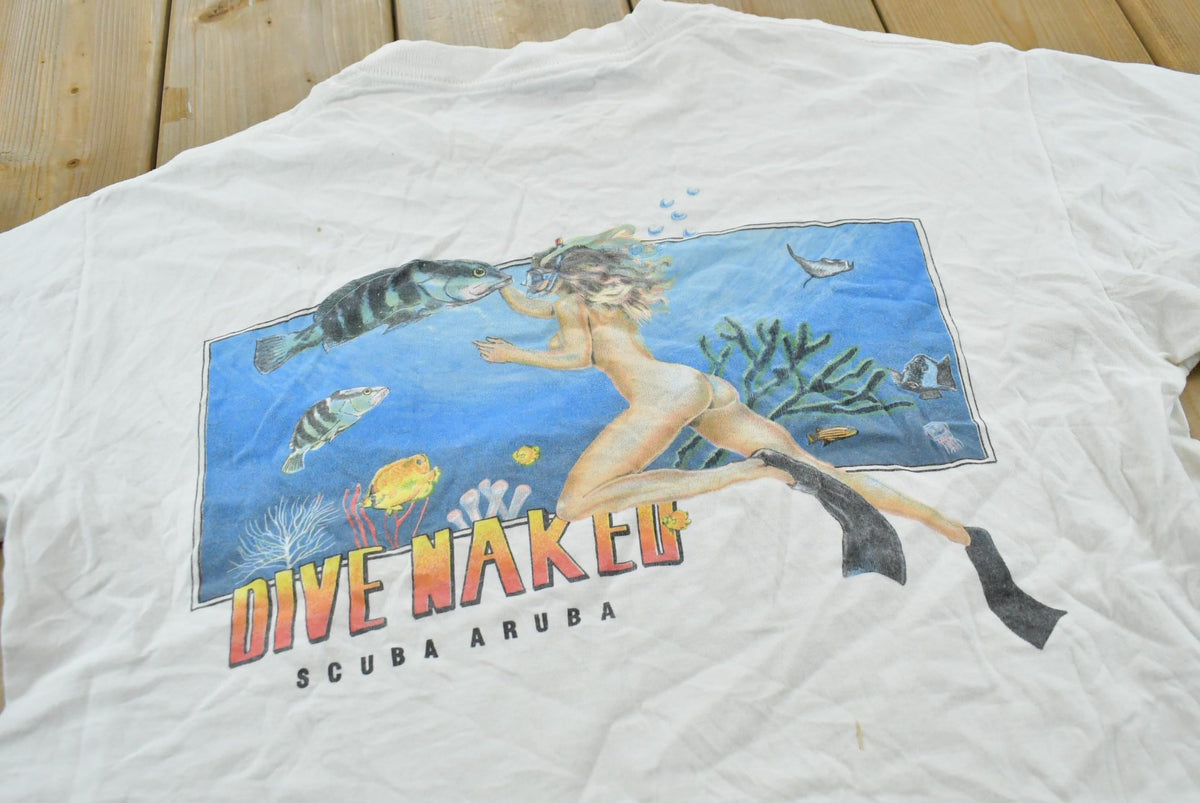 Vintage 1990s Scuba Aruba Dive Naked Parody Souvenir Pocket T-Shirt Men's L