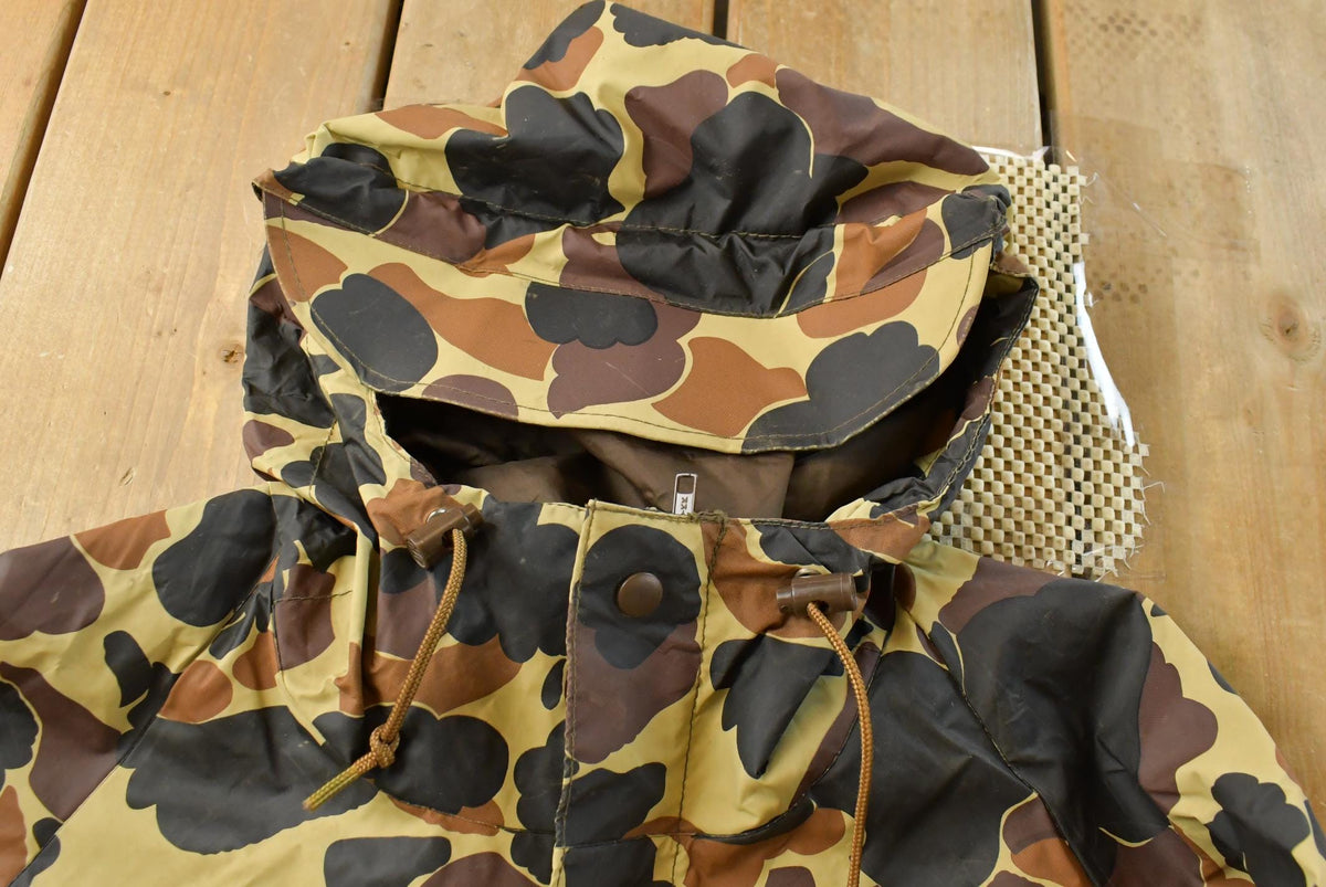 Vintage 1990s Columbia Duck Hooded Camo PVC Rain Jacket Men's XL