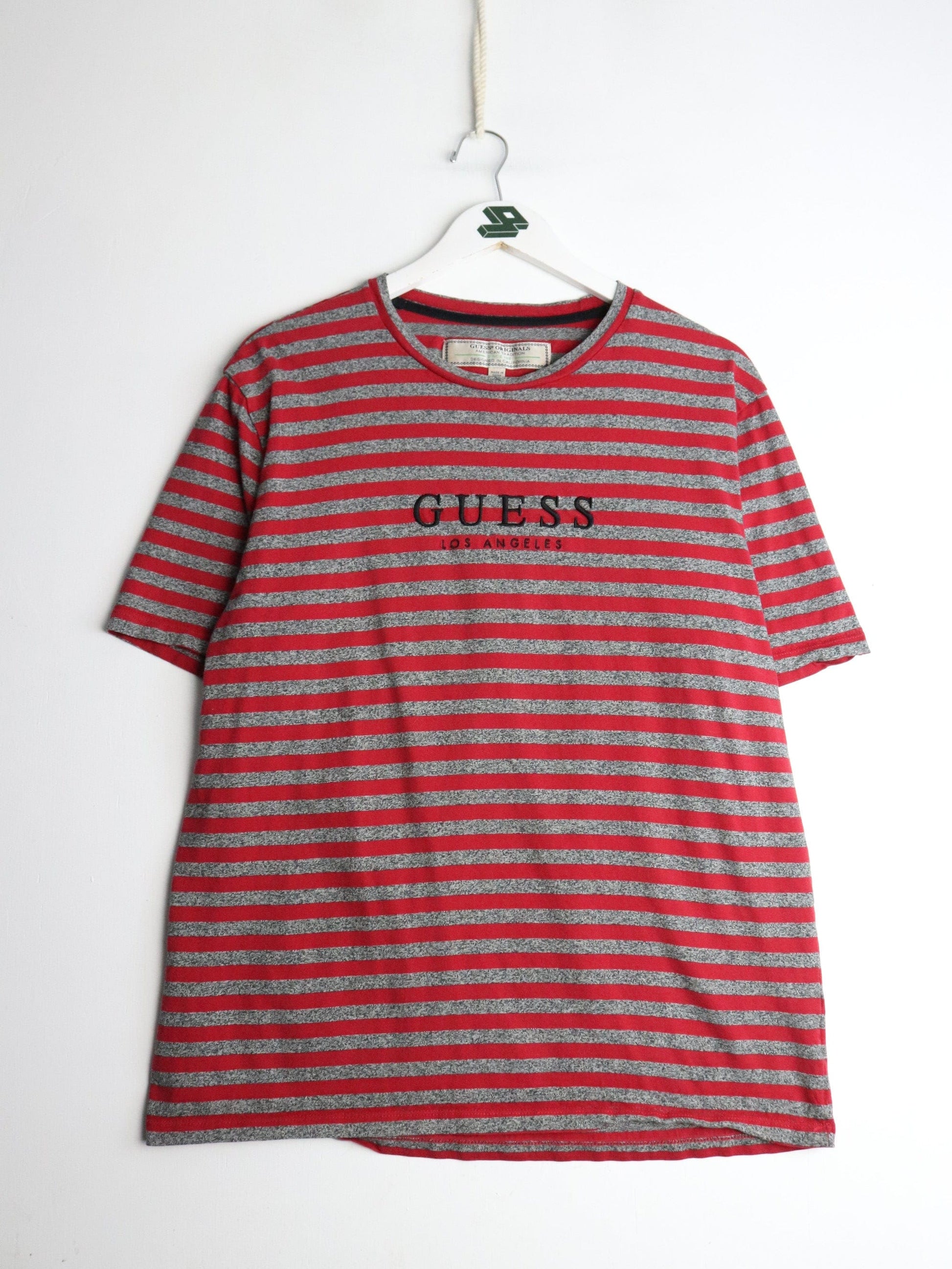 Guess T Shirt Mens Medium Grey Red Striped from propervintagecanada
