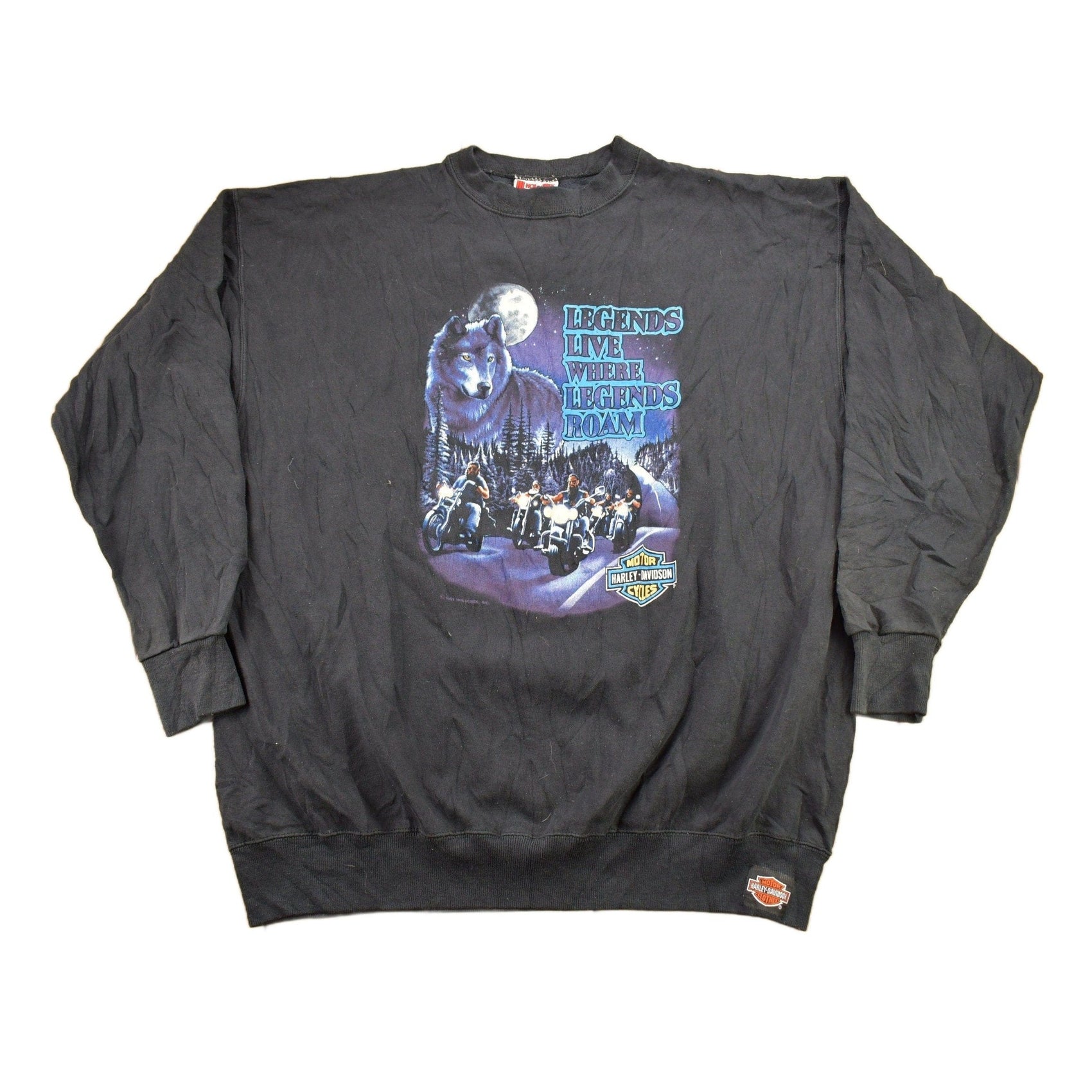 Harley Davidson Clothing > Gender Neutral Adult Clothing > Hoodies & Sweatshirts > Sweatshirts Vintage 1991 Fargo Harley Davidson North Dakota Wolf Theme Crewneck Sweater Men's 2XL