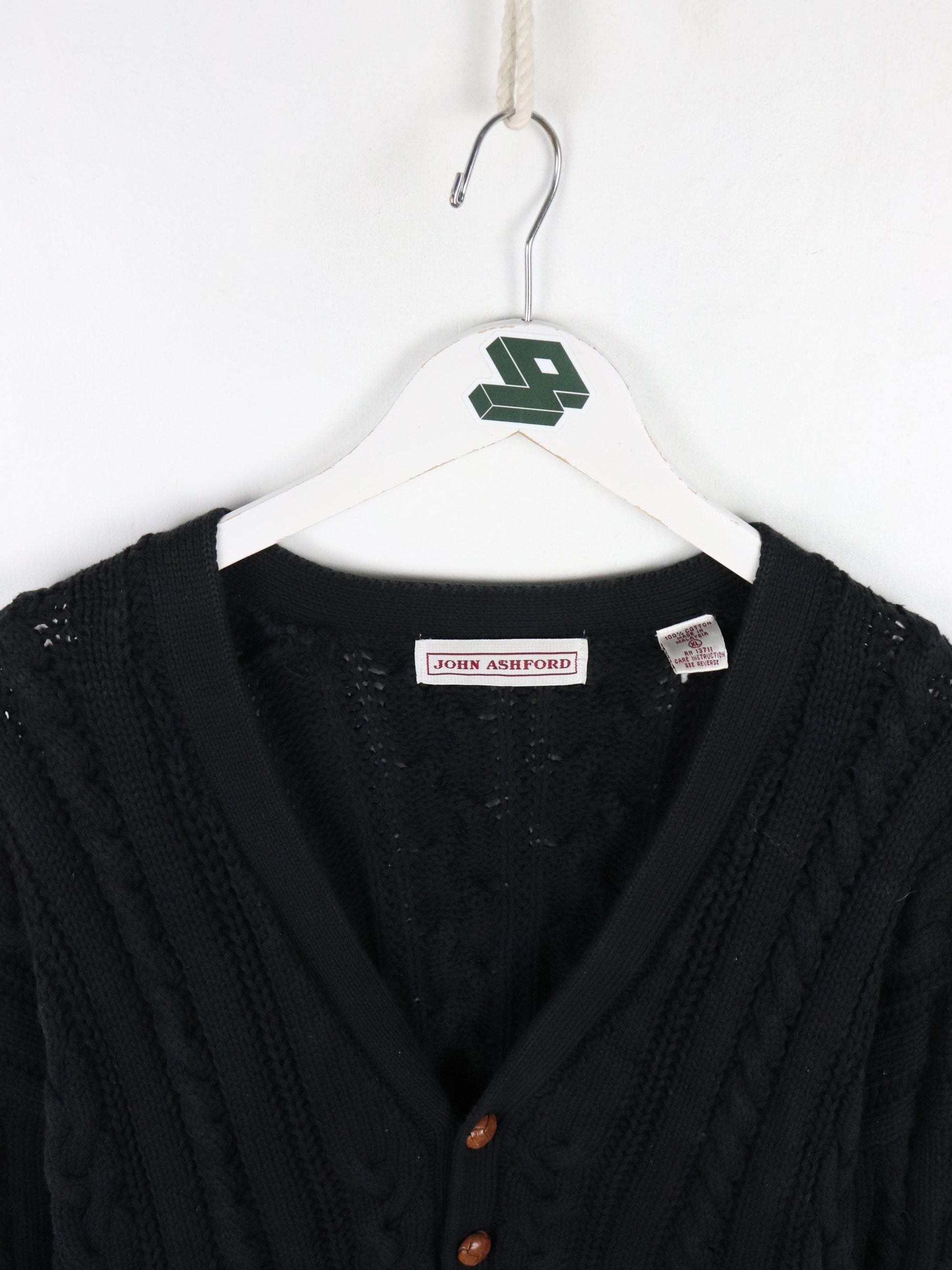 John Ashford Knit Sweater Mens Slim XL Black Cardigan from propervintagecanada