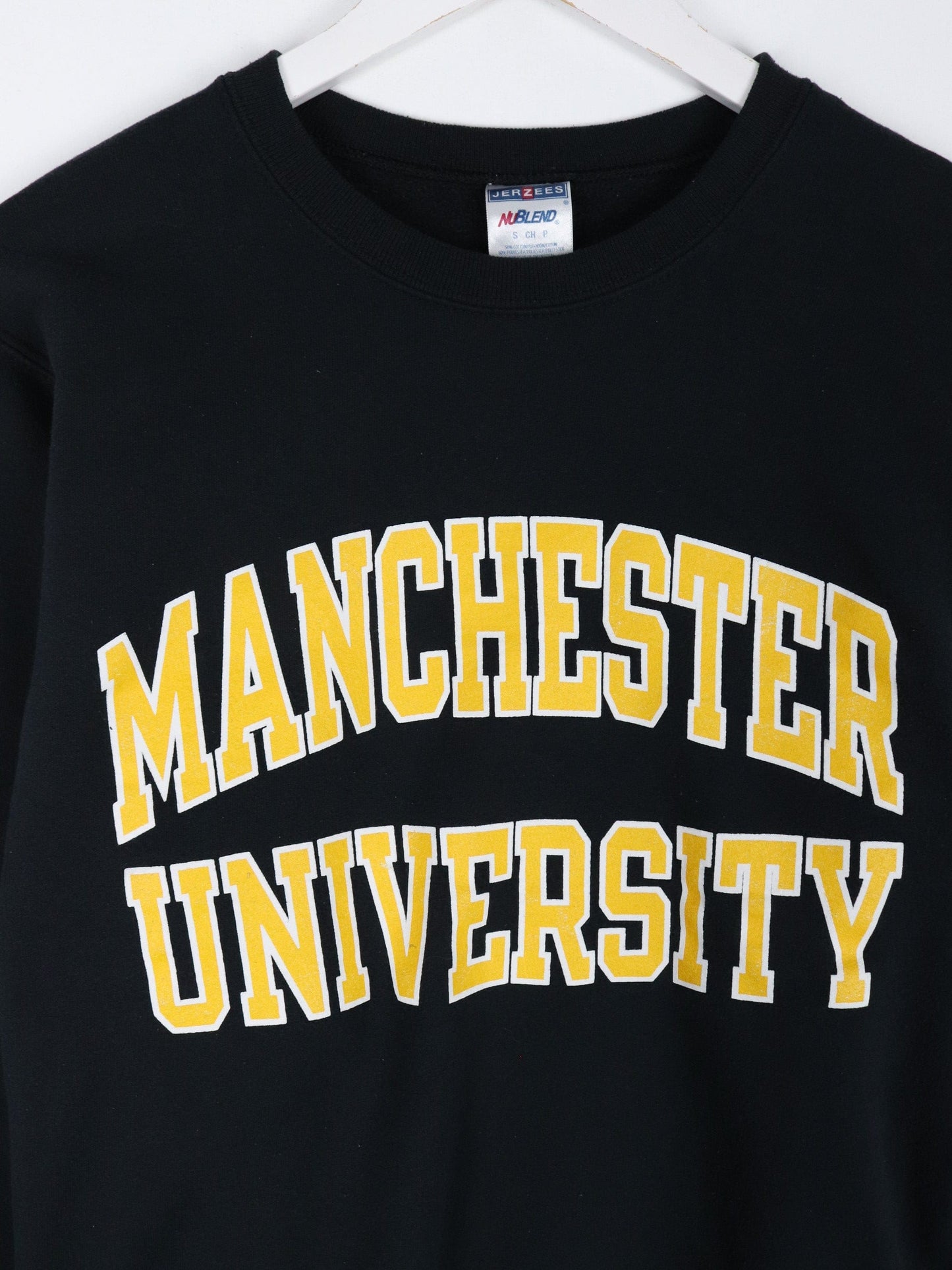 Manchester University Sweatshirt Mens Small Black College from propervintagecanada