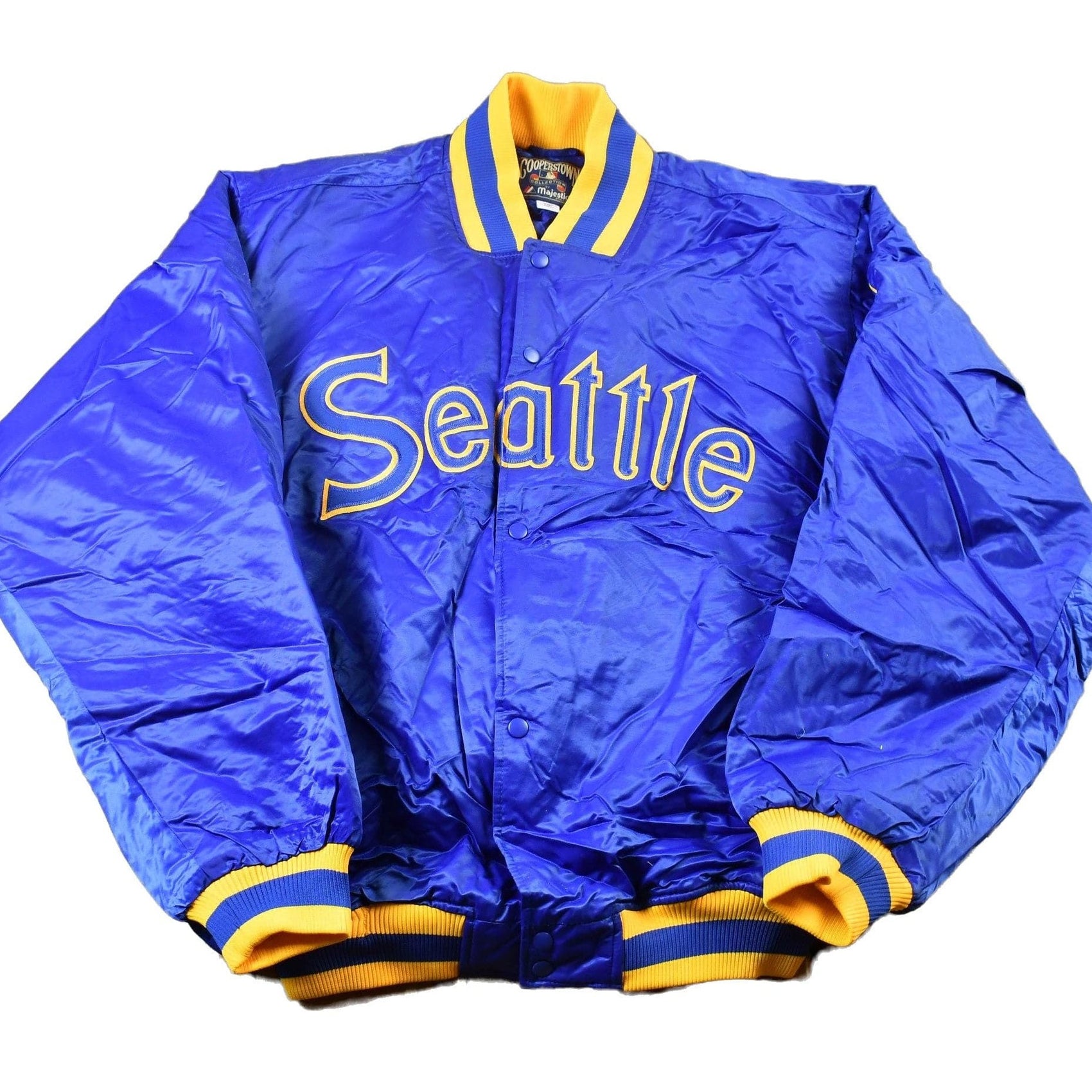 MLB Clothing > Gender Neutral Adult Clothing > Jackets & Coats Vintage 1990s Cooperstown Collection Seattle Mariners MLB Baseball Embroidered Snap Button Satin Bomber Jacket