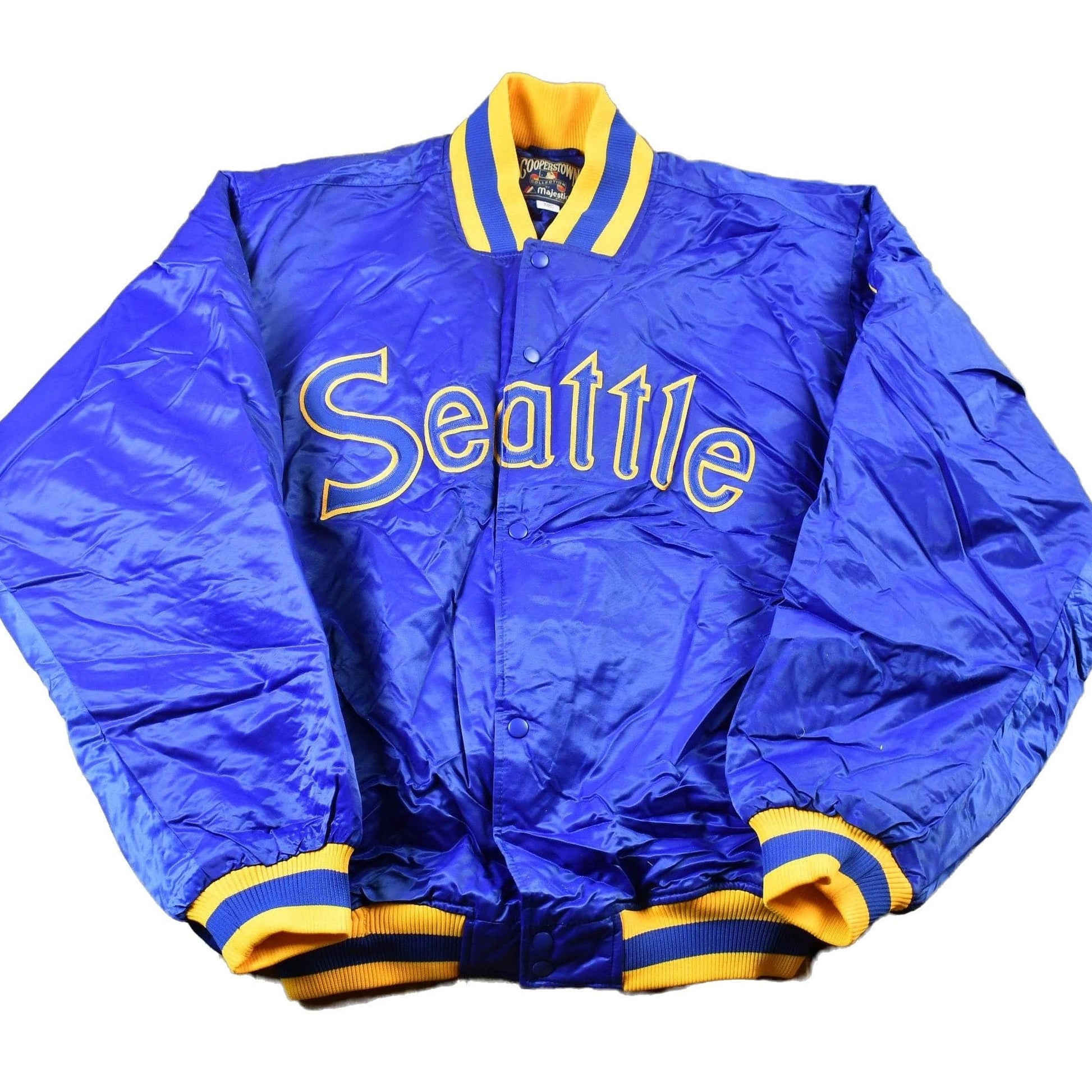 MLB Clothing > Gender Neutral Adult Clothing > Jackets & Coats Vintage 1990s Cooperstown Collection Seattle Mariners MLB Baseball Embroidered Snap Button Satin Bomber Jacket