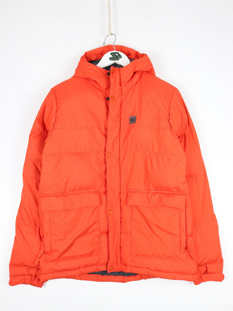 Mountain Equipment Co-Op Jacket Youth Large Orange Hooded Down Coat Outdoors from propervintagecanada