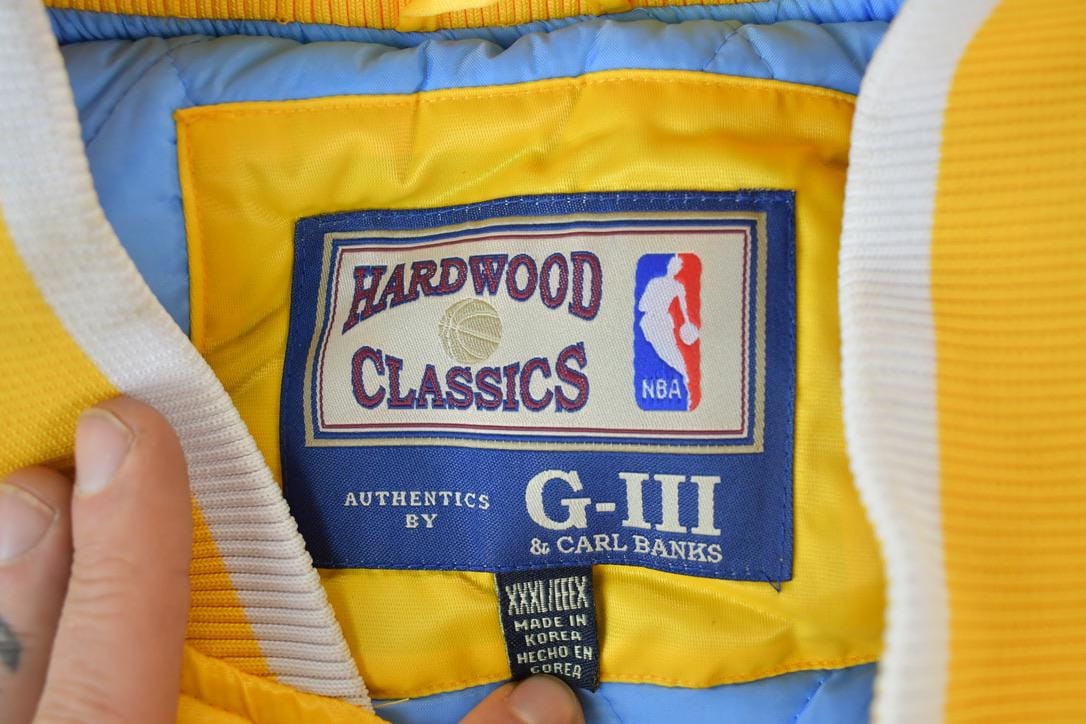 NBA Clothing > Gender Neutral Adult Clothing > Jackets & Coats Vintage 1990s Deadstock NBA Hardwood Classics MPLS Minneapolis Lakers Satin Button Up Windbreaker Basketball Jacket
