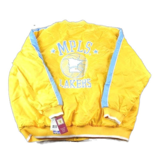 NBA Clothing > Gender Neutral Adult Clothing > Jackets & Coats Vintage 1990s Deadstock NBA Hardwood Classics MPLS Minneapolis Lakers Satin Button Up Windbreaker Basketball Jacket