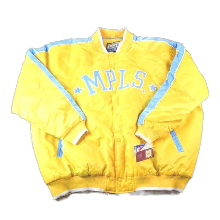 NBA Clothing > Gender Neutral Adult Clothing > Jackets & Coats Vintage 1990s Deadstock NBA Hardwood Classics MPLS Minneapolis Lakers Satin Button Up Windbreaker Basketball Jacket