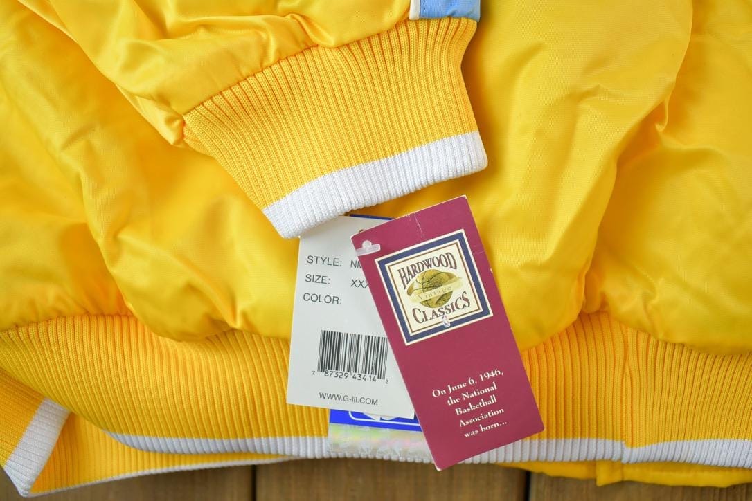 NBA Clothing > Gender Neutral Adult Clothing > Jackets & Coats Vintage 1990s Deadstock NBA Hardwood Classics MPLS Minneapolis Lakers Satin Button Up Windbreaker Basketball Jacket