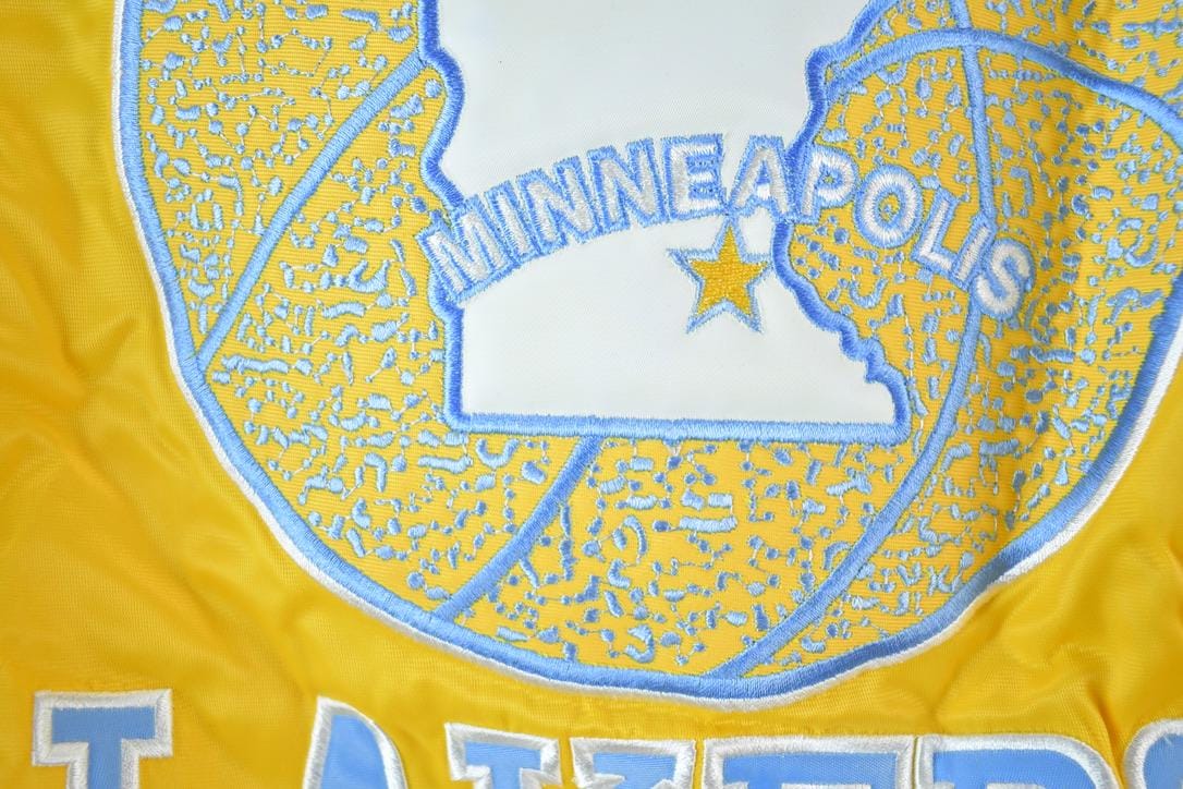 NBA Clothing > Gender Neutral Adult Clothing > Jackets & Coats Vintage 1990s Deadstock NBA Hardwood Classics MPLS Minneapolis Lakers Satin Button Up Windbreaker Basketball Jacket