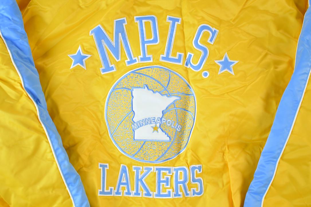 NBA Clothing > Gender Neutral Adult Clothing > Jackets & Coats Vintage 1990s Deadstock NBA Hardwood Classics MPLS Minneapolis Lakers Satin Button Up Windbreaker Basketball Jacket