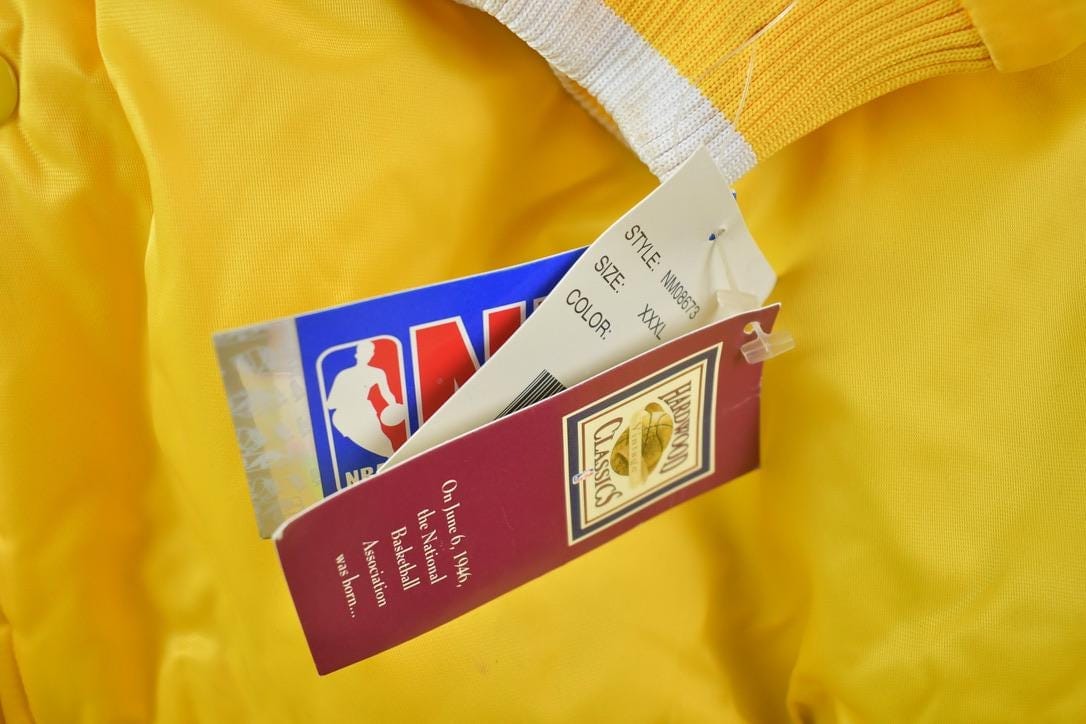 NBA Clothing > Gender Neutral Adult Clothing > Jackets & Coats Vintage 1990s Deadstock NBA Hardwood Classics MPLS Minneapolis Lakers Satin Button Up Windbreaker Basketball Jacket