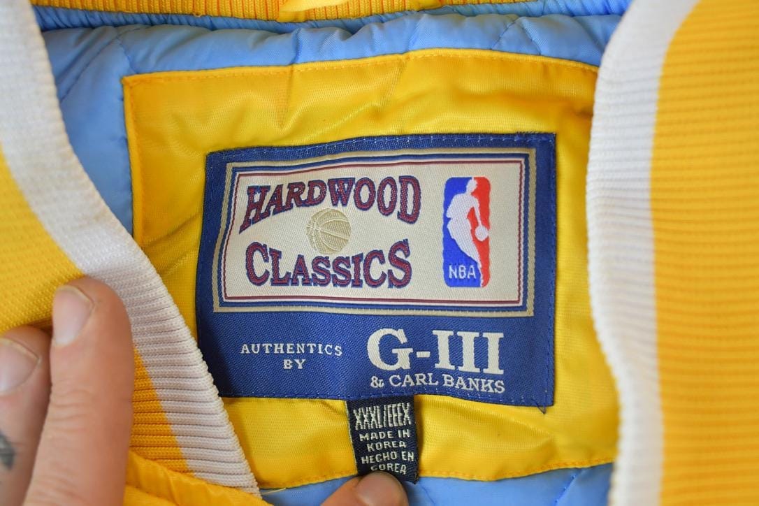 NBA Clothing > Gender Neutral Adult Clothing > Jackets & Coats Vintage 1990s Deadstock NBA Hardwood Classics MPLS Minneapolis Lakers Satin Button Up Windbreaker Basketball Jacket