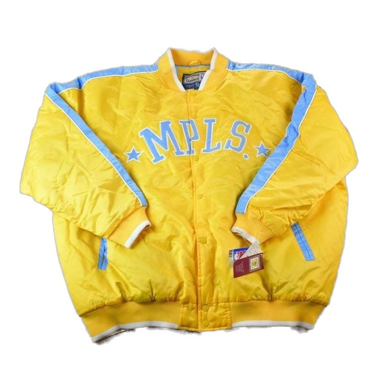 NBA Clothing > Gender Neutral Adult Clothing > Jackets & Coats Vintage 1990s Deadstock NBA Hardwood Classics MPLS Minneapolis Lakers Satin Button Up Windbreaker Basketball Jacket