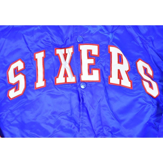 NBA Clothing > Gender Neutral Adult Clothing > Jackets & Coats Vintage 1990s Deadstock NBA Hardwood Classics Philadelphia 76ers Satin Button Up Windbreaker Basketball Jacket