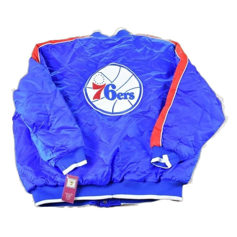 NBA Clothing > Gender Neutral Adult Clothing > Jackets & Coats Vintage 1990s Deadstock NBA Hardwood Classics Philadelphia 76ers Satin Button Up Windbreaker Basketball Jacket