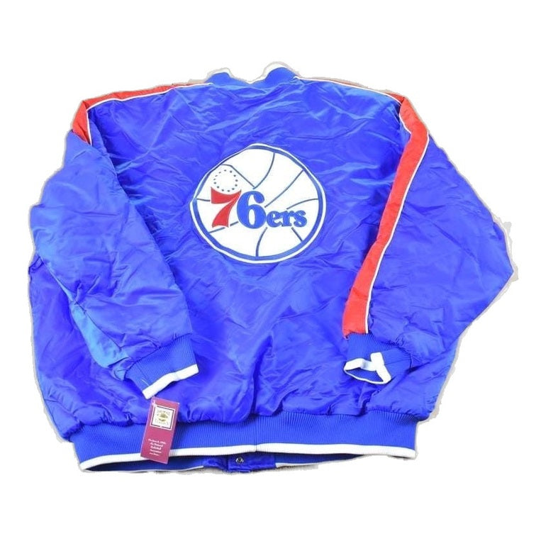 NBA Clothing > Gender Neutral Adult Clothing > Jackets & Coats Vintage 1990s Deadstock NBA Hardwood Classics Philadelphia 76ers Satin Button Up Windbreaker Basketball Jacket