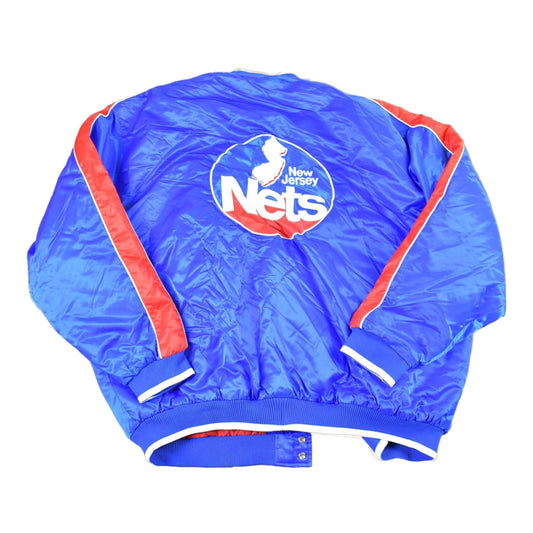 NBA Clothing > Gender Neutral Adult Clothing > Jackets & Coats Vintage 1990s New Jersey Nets Hardwood Classics Satin Button Down Puffer Bomber NBA Basketball Jacket