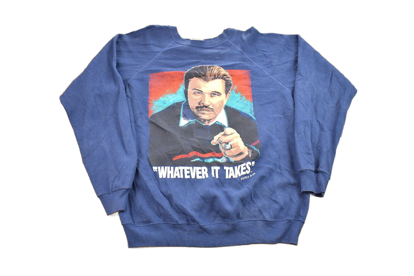 NFL Clothing > Gender Neutral Adult Clothing > Hoodies & Sweatshirts > Sweatshirts Vintage 1980s Mike Dikta NFL Coach Big Face Graphic "Whatever It Takes" Crewneck Sweatshirt Men's Large/ Made In USA / Football Sportswear Americana