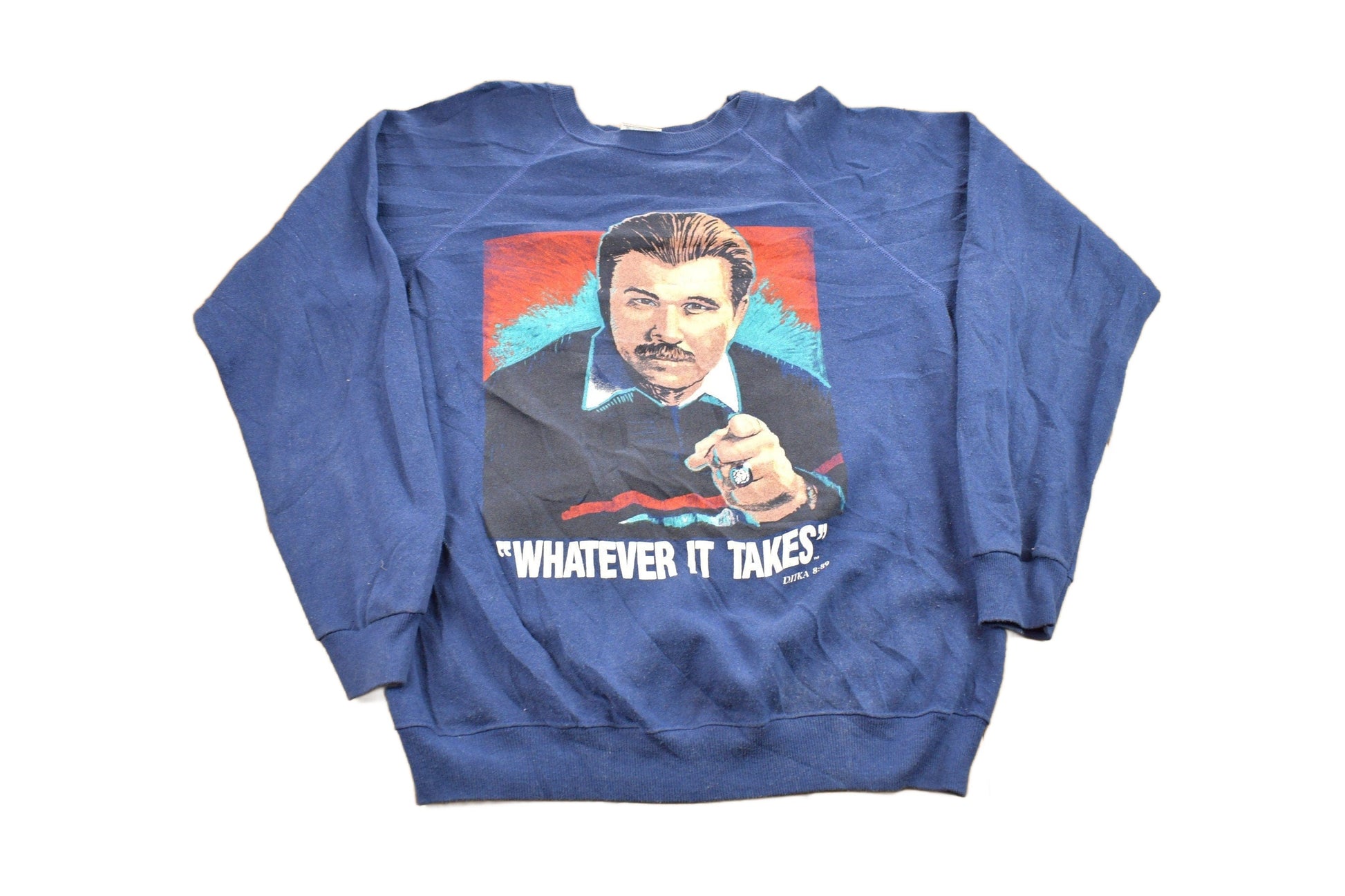 NFL Clothing > Gender Neutral Adult Clothing > Hoodies & Sweatshirts > Sweatshirts Vintage 1980s Mike Dikta NFL Coach Big Face Graphic "Whatever It Takes" Crewneck Sweatshirt Men's Large/ Made In USA / Football Sportswear Americana