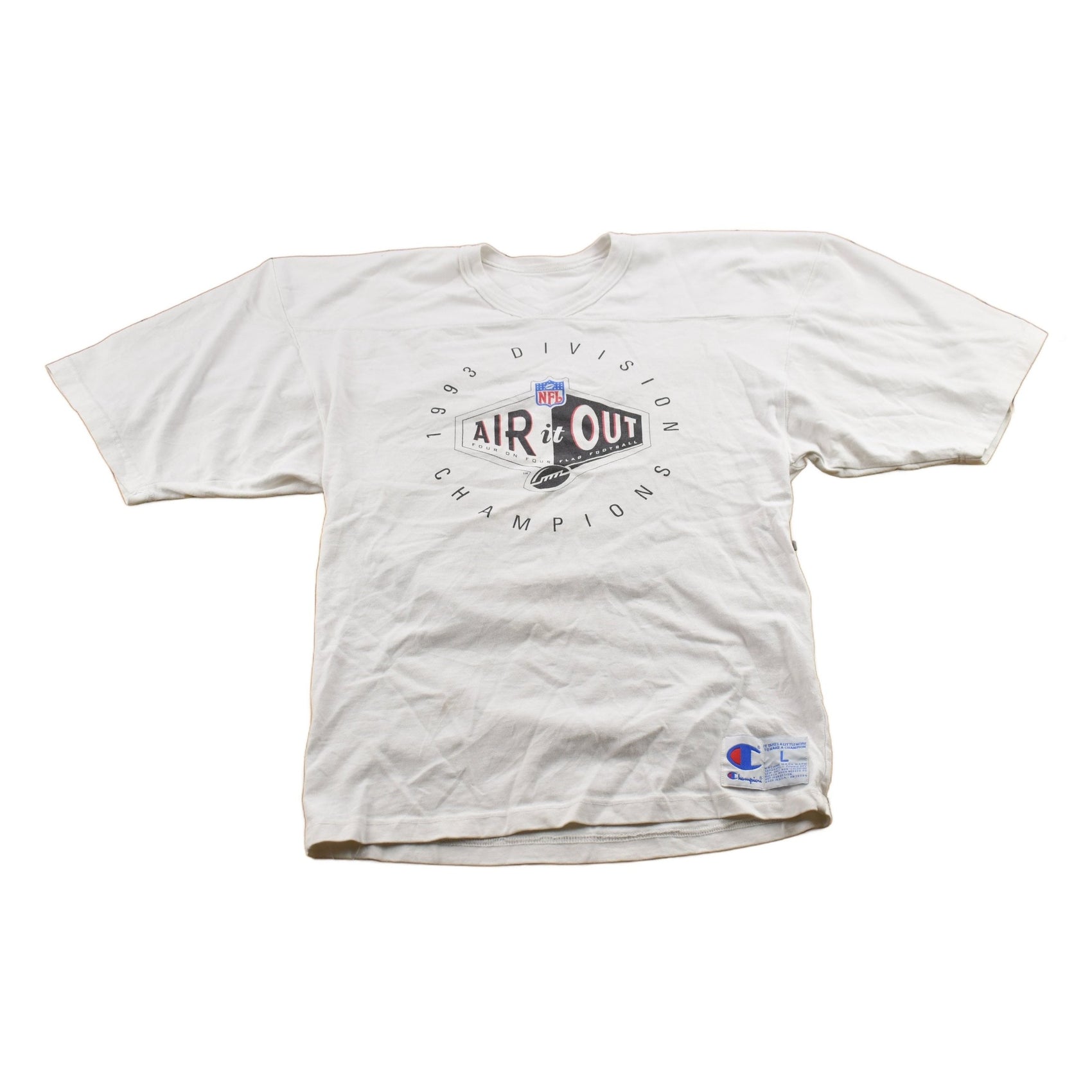 NFL Clothing > Gender Neutral Adult Clothing > Hoodies & Sweatshirts > Sweatshirts Vintage 1993 Air It Out NFL Flag Football Champions Crewneck Short Sleeve Sweatshirt Men's Medium