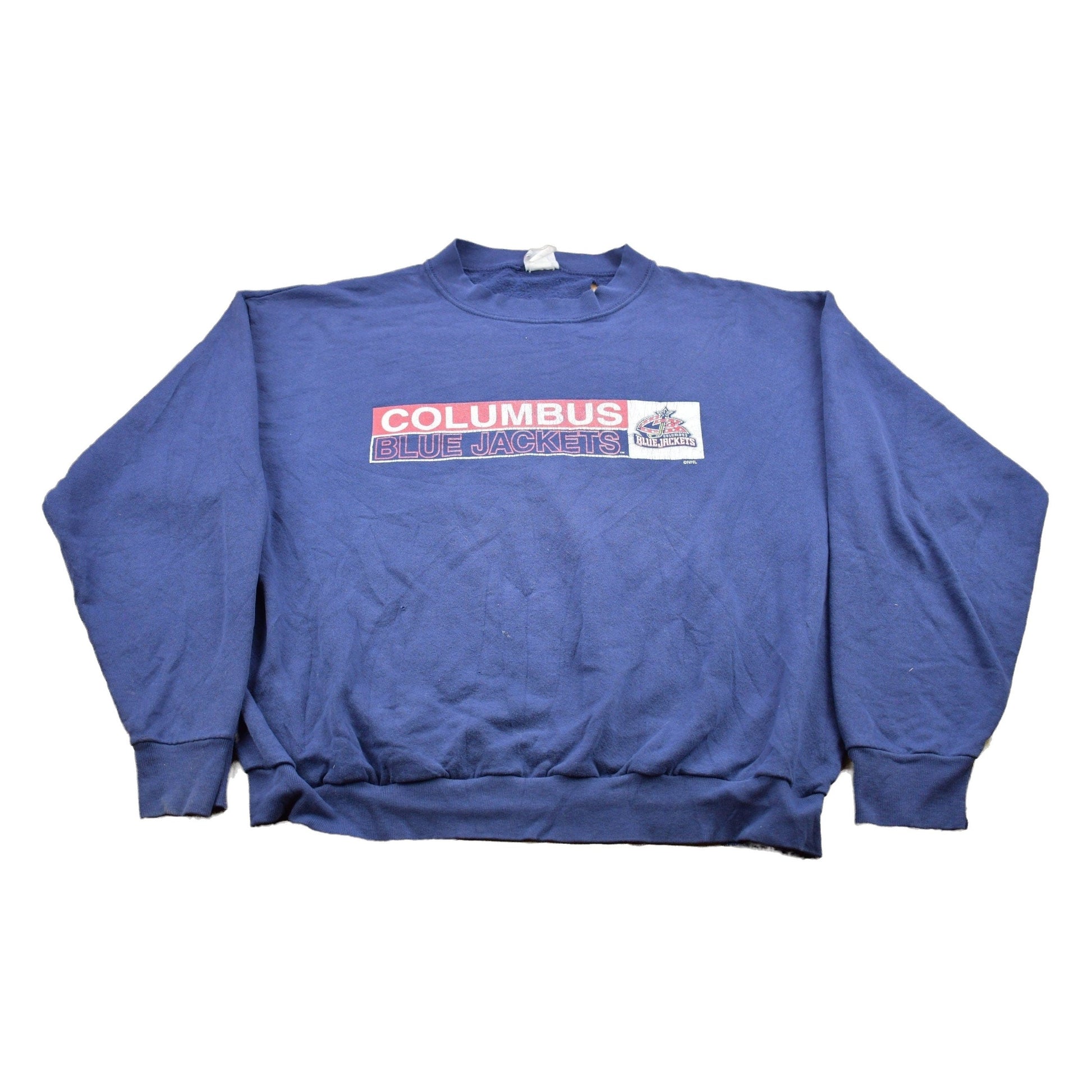 NHL Clothing > Gender Neutral Adult Clothing > Hoodies & Sweatshirts > Sweatshirts Vintage 1990s Columbus Blue Jackets NHL Distressed Crewneck Sweater Men's Small