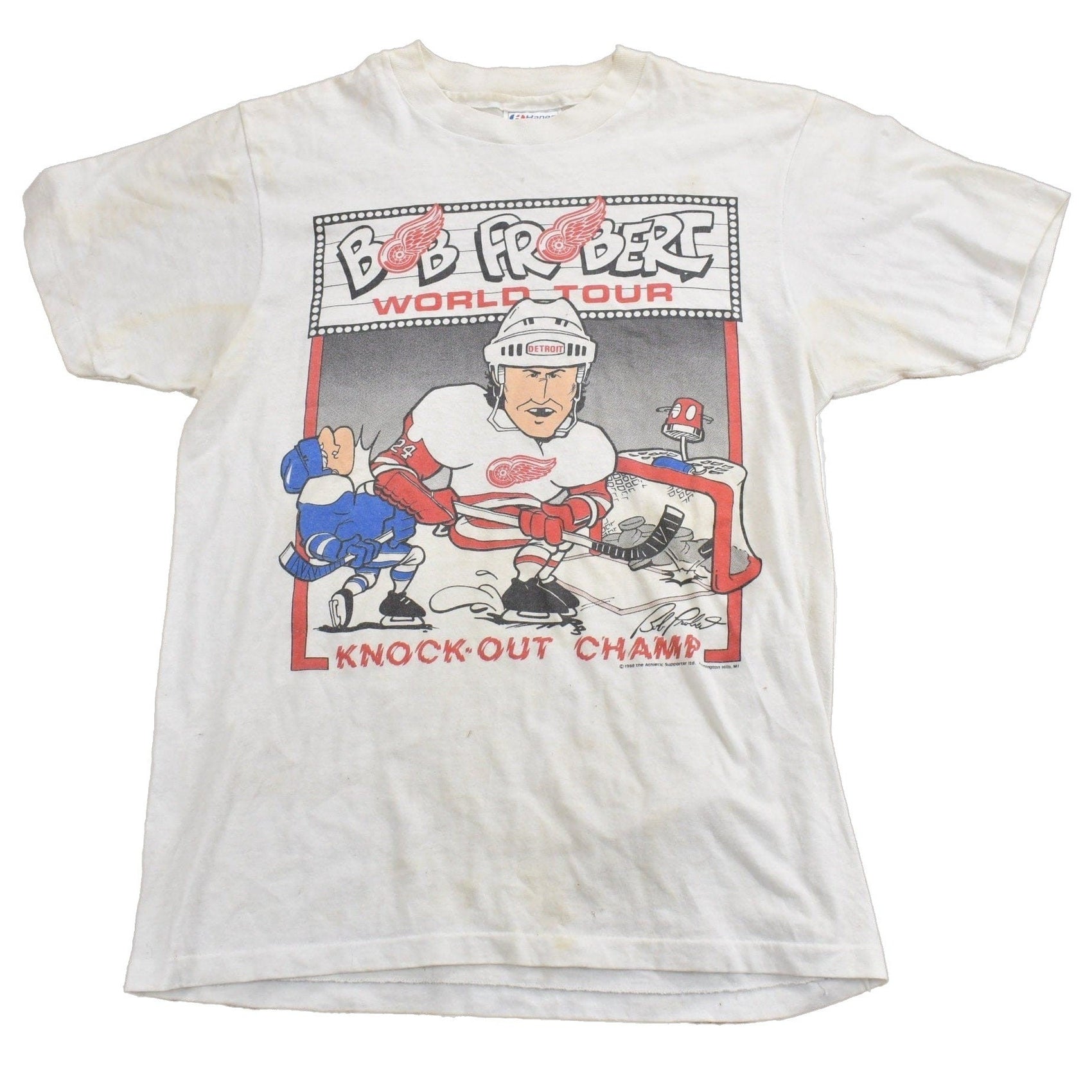 NHL Clothing > Gender Neutral Adult Clothing > Tops & Tees > T Shirts Vintage 1988 Detroit Red Wings Bob Probert Knock Out Champ T-Shirt Men's Small
