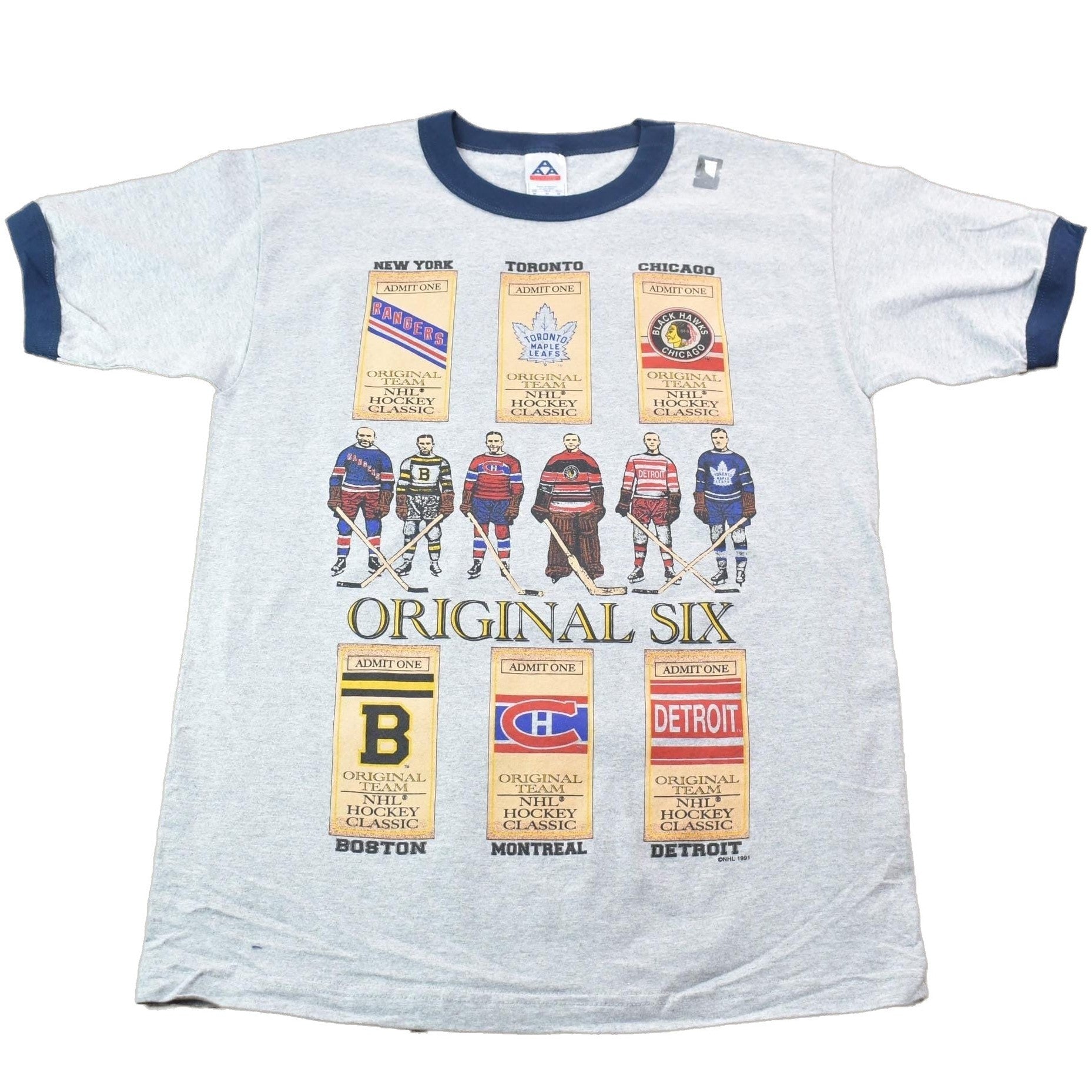 NHL Clothing > Gender Neutral Adult Clothing > Tops & Tees > T Shirts Vintage 1990s Original Six NHL Hockey Classic Dead Stock Graphic T-Shirt Men's Large