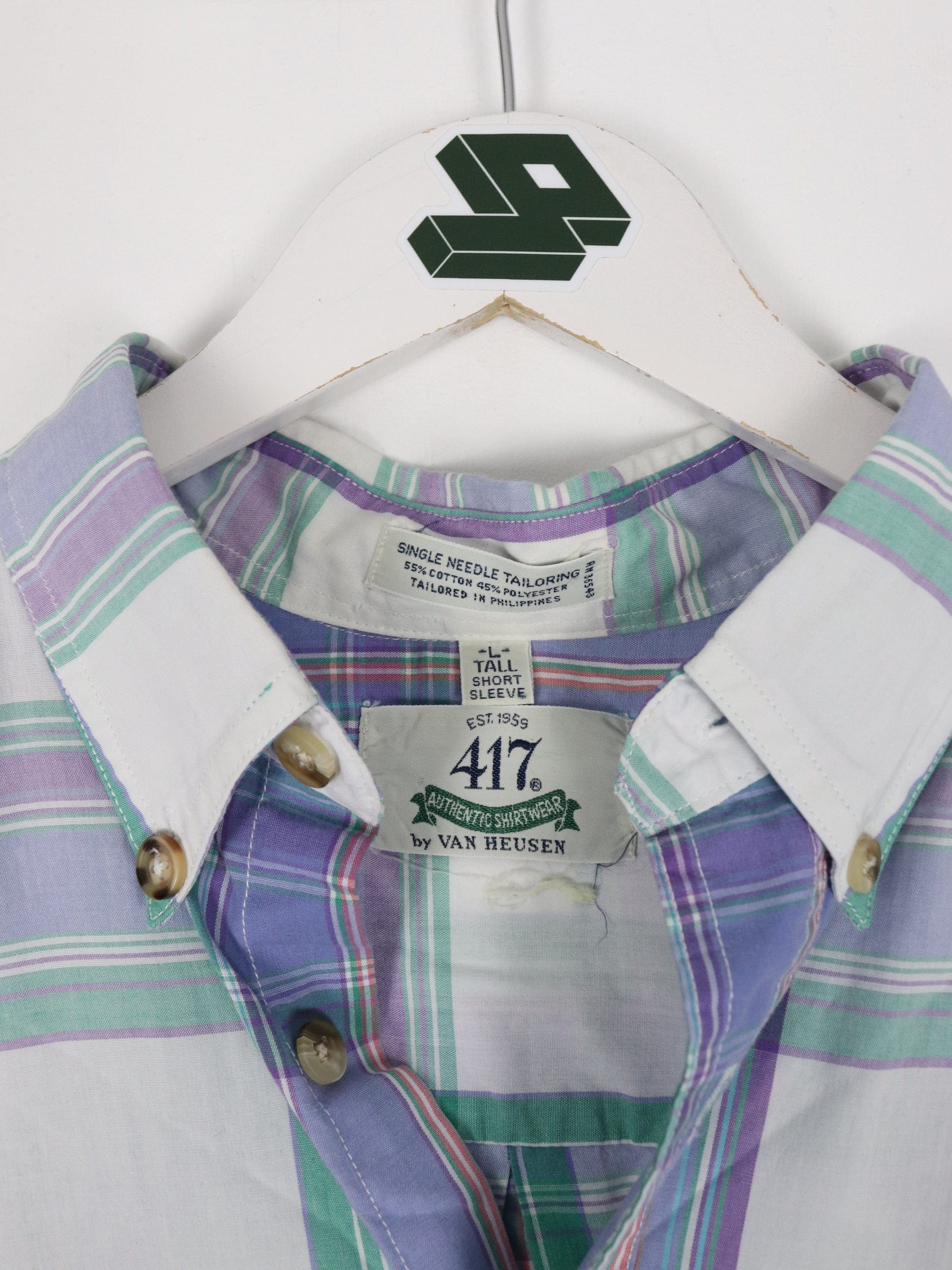 Vintage 417 Van Heusen Shirt Mens Large Tall White Plaid Button Up