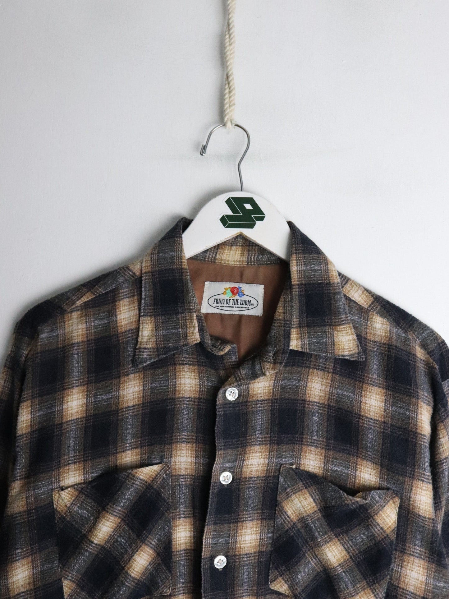 Other Button Up Shirts Vintage Fruit of the Loom Shirt Mens Large Beige Blue Flannel Button Up