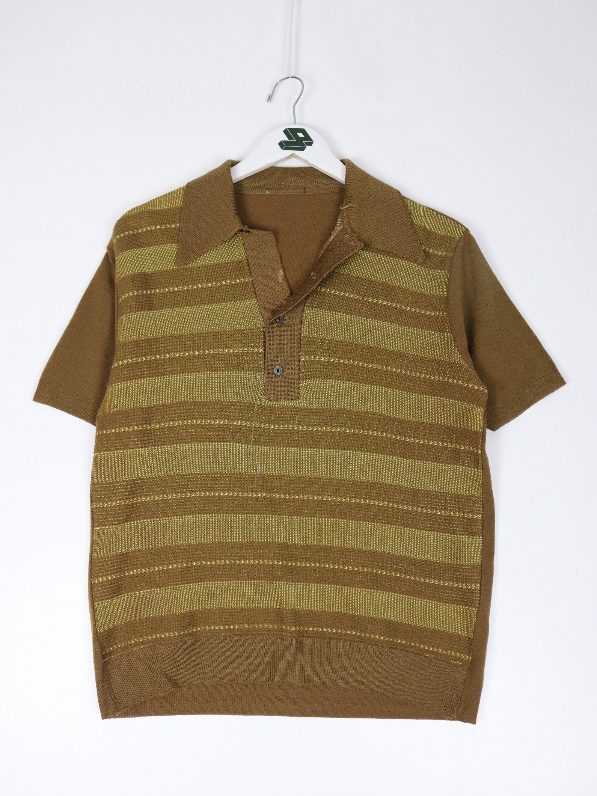 Vintage Knit Polo Shirt Womens Medium Brown Striped